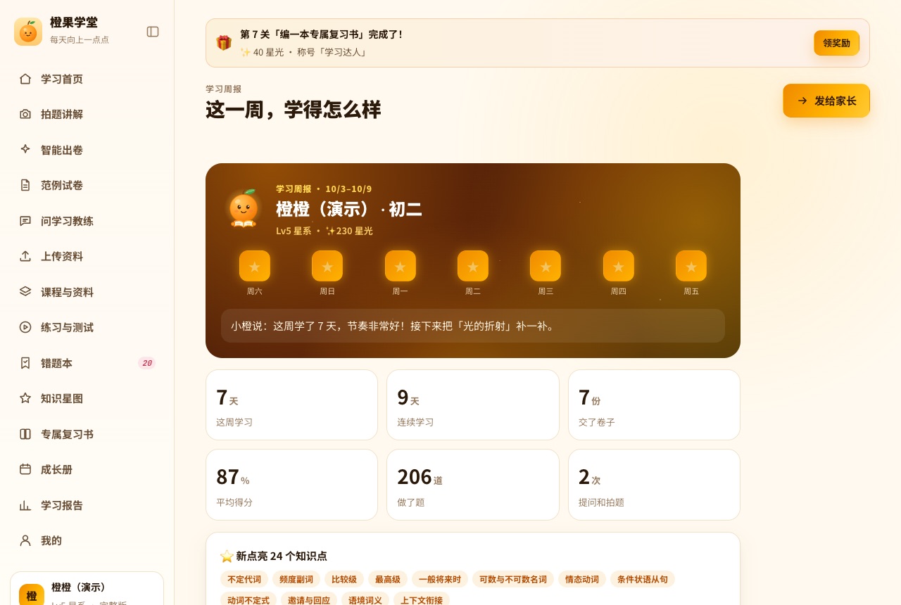 学习周报：这周学了 7 天、连续 9 天、交了 7 份卷子、平均 87%、做了 206 道题，新点亮 24 个知识点